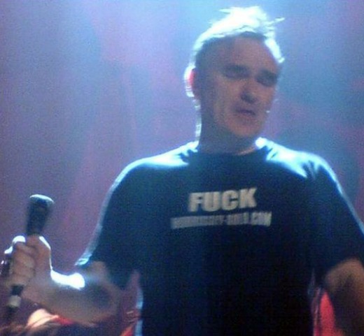 Morrissey with 'Fuck Morrissey-solo.com' T-shirt