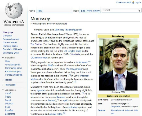 Morrissey Wikipedia entry